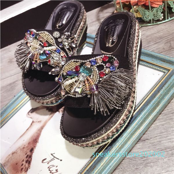 

homemade heavy art exaggerated color rhinestone tassel beaded sequins thai platform slippers sandals s02, Black