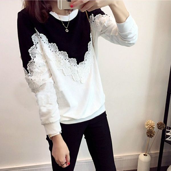 

dreamlikelin office lady women tees long sleeve loose hollow out lace o-neck pullovers casual t-shirts, White