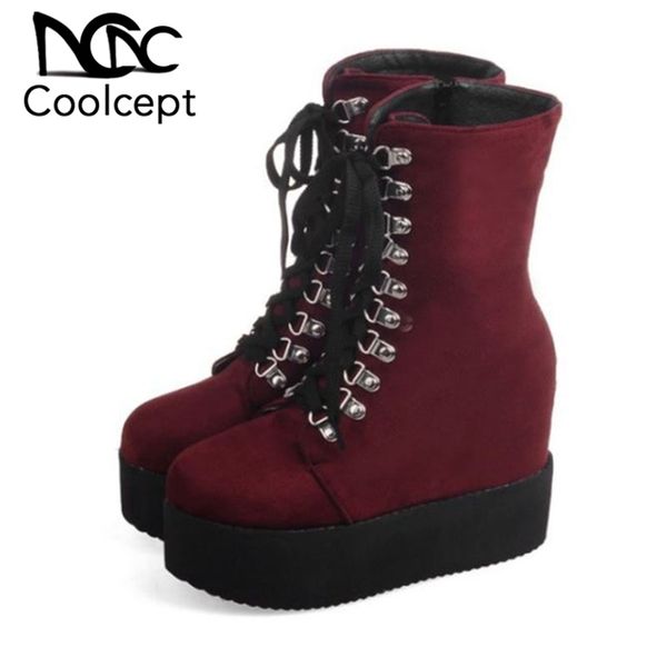 

coolcept woman platform fashion cross strap buckle winter boots zipper fashion thick bottom ankle boot footwear botas size 34-43, Black