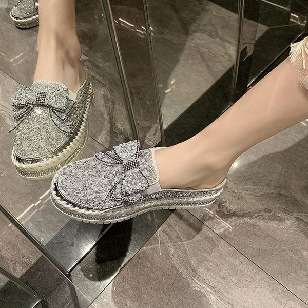 

bow-knot slip on shoes for women loafers with fur platform crystal round toe 2020 fashion women's all-match butterfly, Black