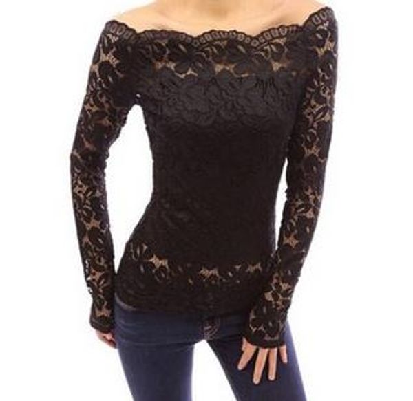 

s--4xl women's fashion & tees lace polyester slash collar shirts,four colors 7 size one neck shirt of lady, White