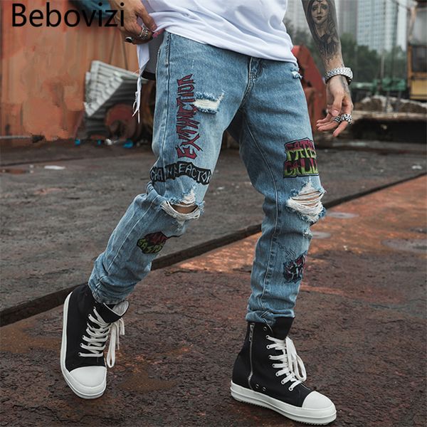 

bebovizi 2019 hip hop men jogger denim pants blue skinny jeans hipster graffiti letter print streetwear destroyed ripped jeans