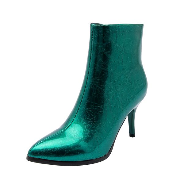 

lvabc 2019 new women zip boots patent leather ankle boots for women thin heels fashion pointed toe ladies shoes -9, Black