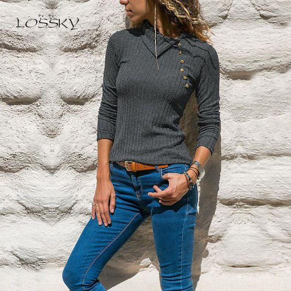 

lossky 2019 new autumn casual women solid color long sleeve t shirt cotton turn down collar bottons ladies slim knitted, White