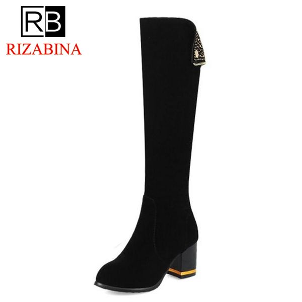 

rizabina size 32-43 woman high heel boots rivets round toe zipper woman knee boots ornate fashion women shoes female footwear, Black