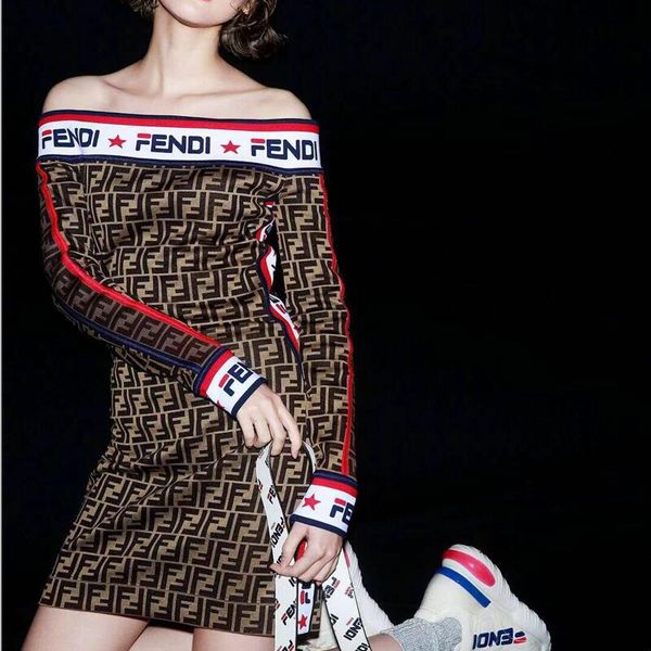 

FD Women Bodycon Dresses Summer Spring Slash Neck Letters FF Printed Designer Dress