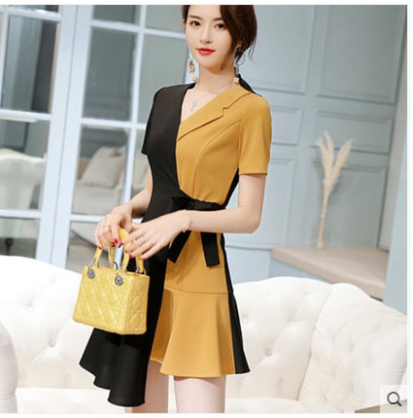 

yellow casual dress joker show thin fashion dress, Black;gray