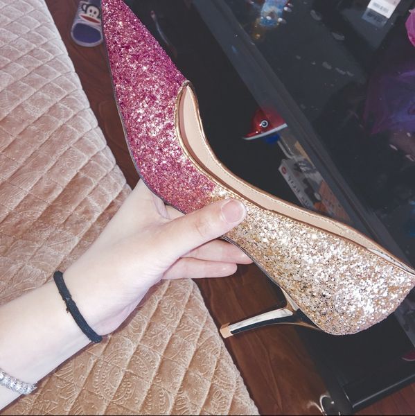 

princess party events glitter sequined wedding shoes real leather shallow mouth thin high heels pointed shoes 8 colors extra size, Black