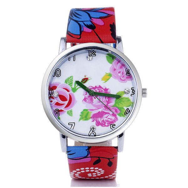 

women bracelet watches flower print dial ladies pu leather quartz wrist watch lxh, Slivery;brown