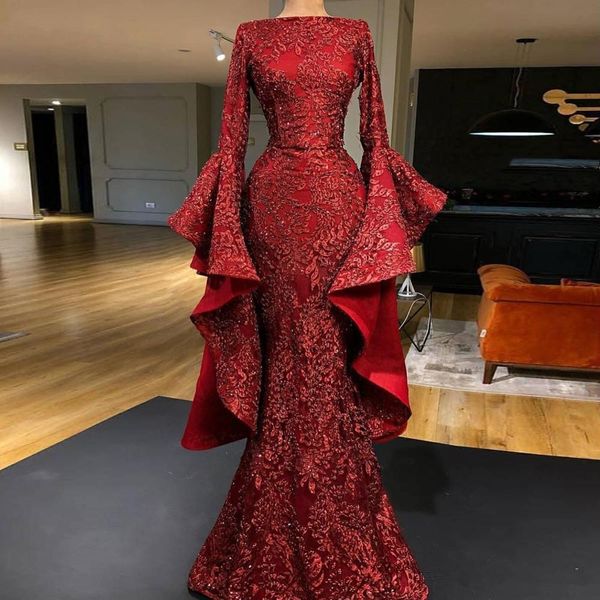 

dark red dubai mermaid evening dresses long lace applique sequins flare sleeve long sparkle prom dress party gowns robe de soiree, Black;red