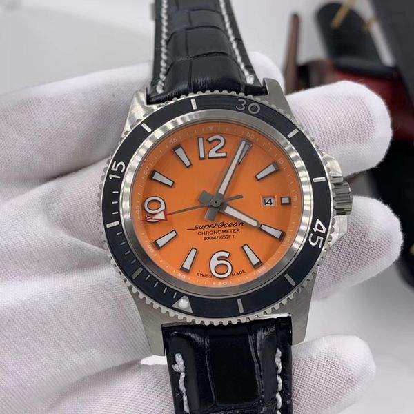 

роскошный 1884 super-ocean 46mm оранжевый dial вращающийся синий ободок мужские часы автоподзаводом кожаный ремешок смотреть светящиеся нару, Slivery;brown
