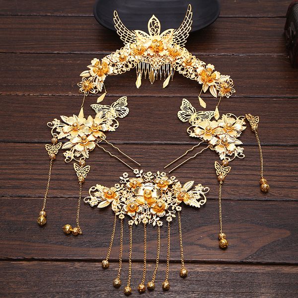 

4pcs sets chinese coronet combs forehead decoration sets classical step shake hair jewelry bride headdress wholesale, Golden;white