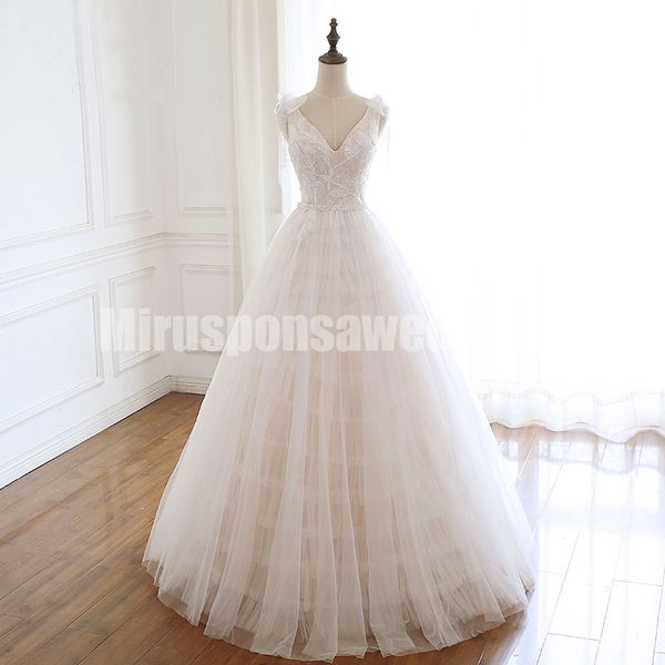 

длина изысканный v-образным вырезом-line свадебные платья лета пола кружева аппликация бисероплетение свадебные платья направление зашнурова, White