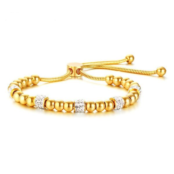 

beads bracelets women's bangles shiny rhinestones stainless steel gold color charm lace up adjustable friendship pulseras br-601, Golden;silver