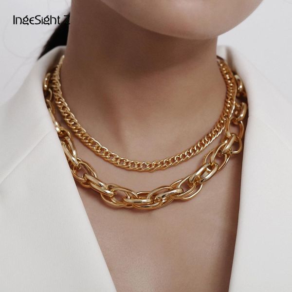 

ingesight.z gothic multi layer miami cuban twisted short choker necklace punk hip hop chunky thick metal collar necklace jewelry, Golden;silver