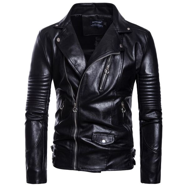 

foreign trade men's leather coat large size fold-down collar oblique zipper casual leather jacket locomotive coat py083, Black