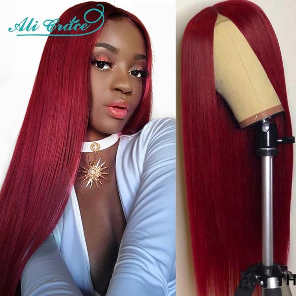 

ali grace wigs silky straight 99j lace front wig brazilian pre-plucked 13x4 lace front human hair wigs 99j wig ing, Black;brown