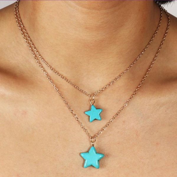

fyjs unique light yellow gold color layer lucky star pendant link chain necklace green turquoises stone jewelry, Silver