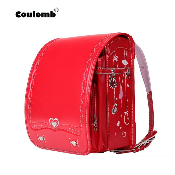 

coulomb orthopedic school bag children backpack for boy and girl for kid pu hasp japan randoseru kid bag love necklace 2018 new y190601