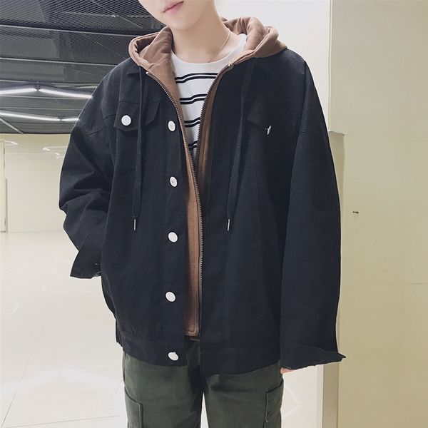 

men's jacket 2019 autumn and winter new solid color loose hooded fake two-piece jacket youth fashion trend men's clothing, Black;brown