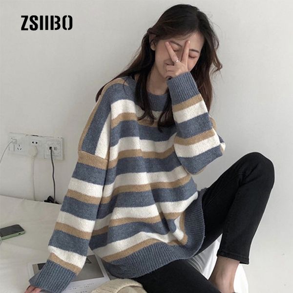 

korea chic vintage striped long-sleeved knit sweater female ulzzang autumn new fashion loose hooded o-neck casual female sweater, White;black