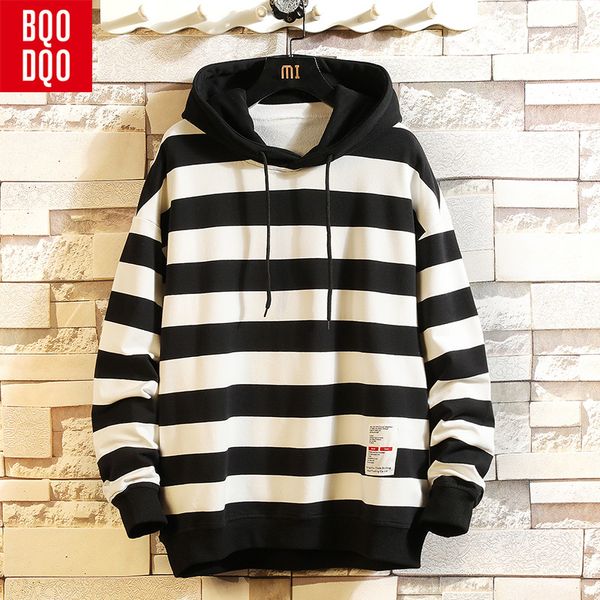 

bqodqo hooded o-neck autumn striped sweatshirts men harajuku hip hop casual sweatshirt pullover preppy male streetwear hoodies, Black