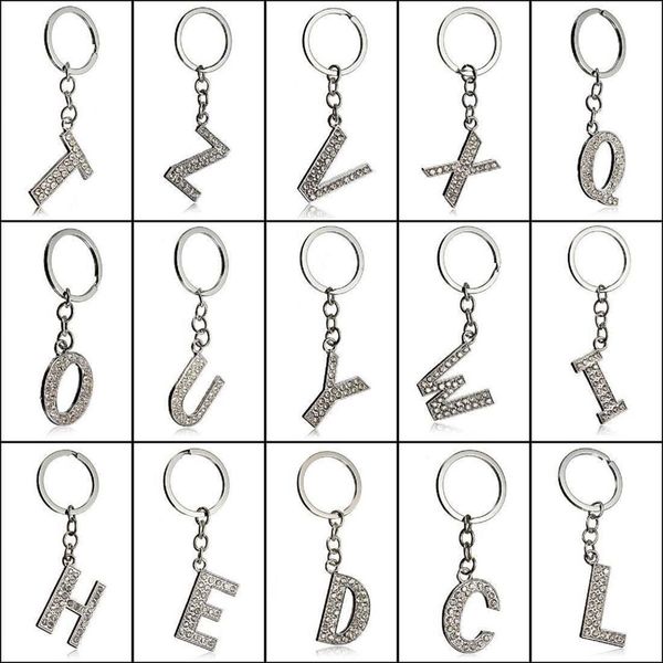 Rhinestone Completo Chaveiros Carta Chave Chaveiro A-Z Liga Alfabeto Letra Bling Keyring Cristal Chaveiro Chaveiro Cor Prata Moda Jóias Acessórios