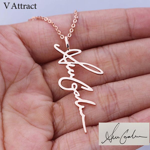 

v attract handwriting jewelry custom signature pendant collier femme vertical personalized vertical name necklace for women gift, Silver