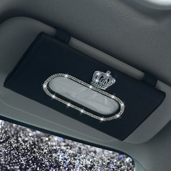 

fashion crown crystal car tissue box sun visor leather auto tissue bag hanging holder case napkin for car accessories