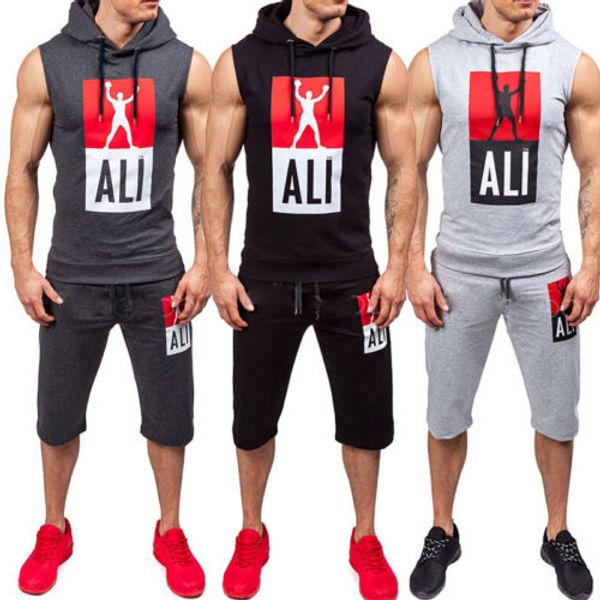 

fashion muscular man lined hooded tracksuit sweatsuit jacket shorts 2pcs, Black