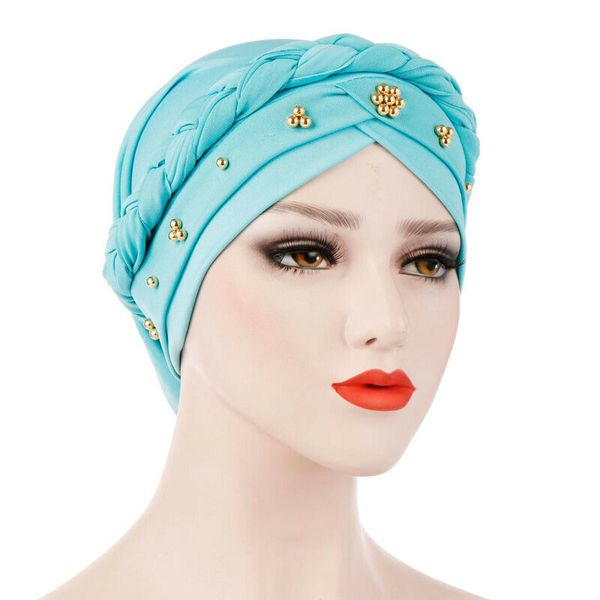 

2019 new wrap hair loss head scarf muslim women indian style stretchable chemo pleated turban hat hijab headband accessories, Blue;gray