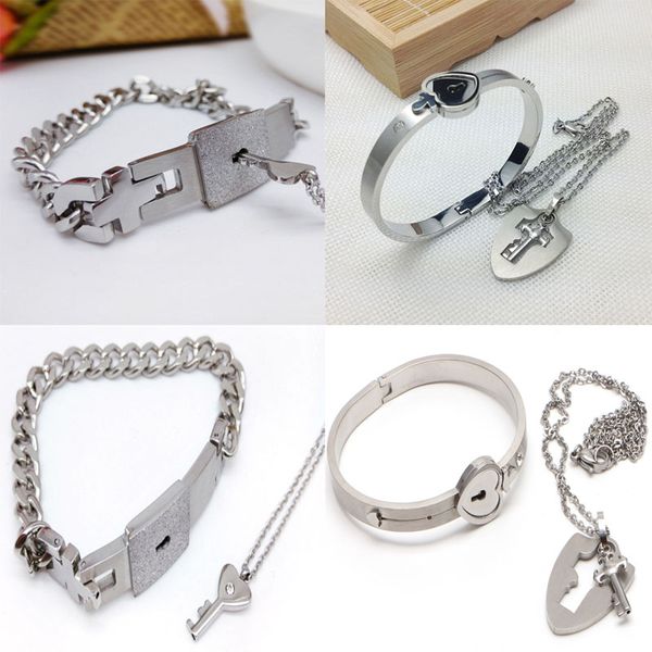 

lovers titanium steel lock bangle bracelet key pendant chain necklace love sets for gift, Silver