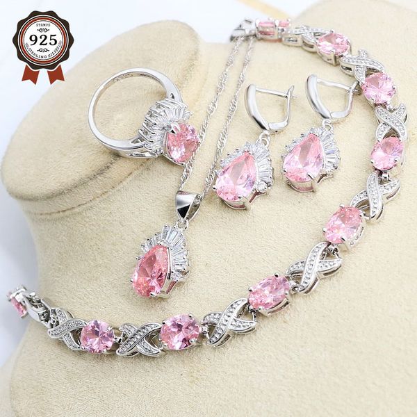 

925 серебряные комплекты ювелирных изделий для женщин розовый простой стиль серьги комплекты колье кольцо кулон браслеты, Slivery;golden