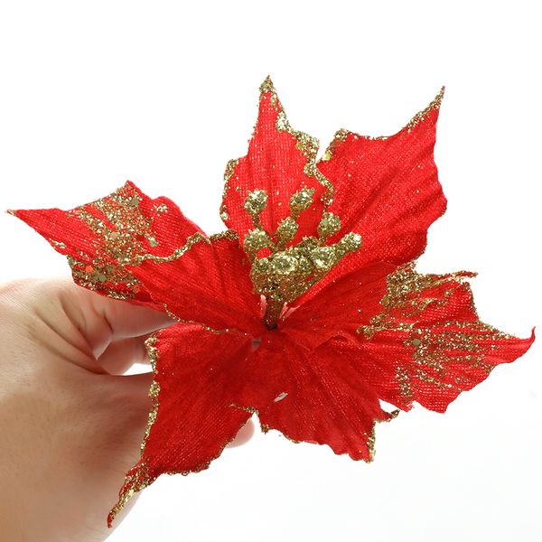 

1pc glitter artificial gold flowers xmas fake silk simulation flower wedding party decoration poinsettia christmas tree ornament