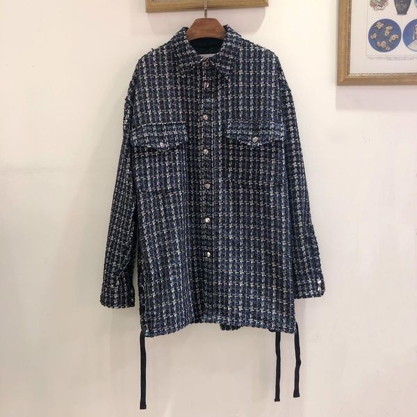 

women's plaid shirt tweed jacket large loose men's thick shirt side split strap jacket thick weaving tweed jackets2019 new qq8, Black;brown