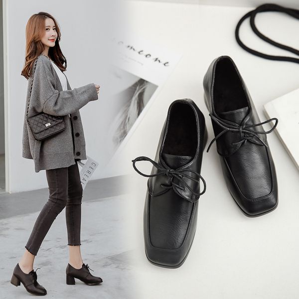 

womens derby shoes all-match female footwear shallow mouth women's heels square toe modis british style autumn casual sneaker, Black