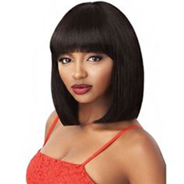 Pelucas rectas estilo bob corto para mujer, cabello brasileño, peluca recta bob corta de simulación afroamericana con flequillo