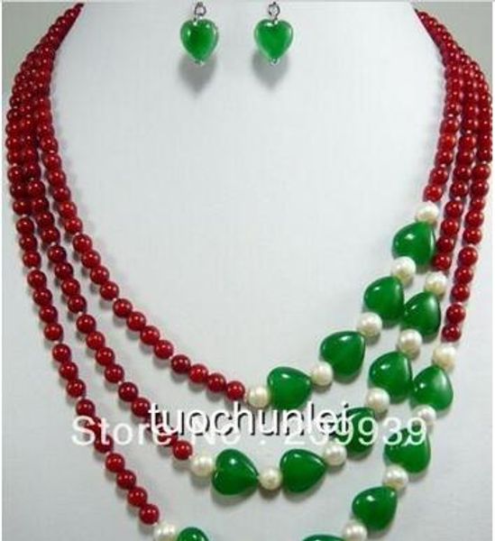 ücretsiz kargo Büyüleyici 3 Satırlar Kırmızı mercan İnci Green4-5 '' Yeşim Kalp Necklace16-18 '' Küpe Seti