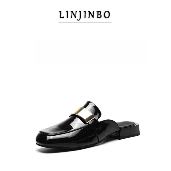 

slippers 2021 spring/summer chic loafers women metal decoration mules slip-on square toe outside shoes, Black