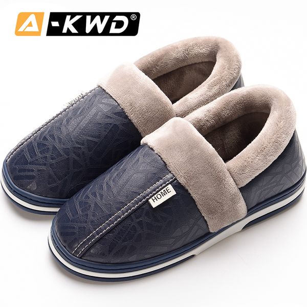 

fashion man shoe house shoes men warm shoes home osasuna pu leather man slippers waterproof indoor slippers mens winter footwear, Black