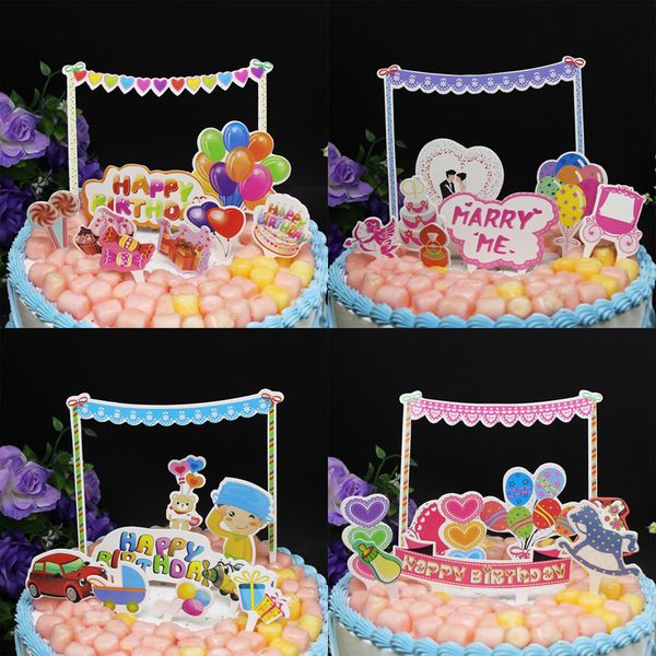 

1pc diy happy birthday marry me paper cake ice-cream ers picks stick boy girl kids birthday party wedding dessert decor