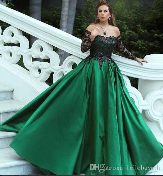 

a line satin long sleeve african prom dresses floor lace muslim long sleeve evening dresses 2019, Black
