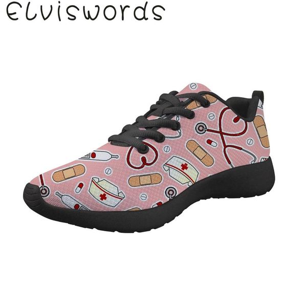 

elviswords nurse print portable breathable fashion lightweight womens sneakers travel running shoes flat ladies shoes fuuny, Black