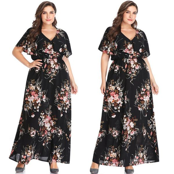 

women v neck high waist floral maxi tea dress holiday sundress plus size summer, Black;gray