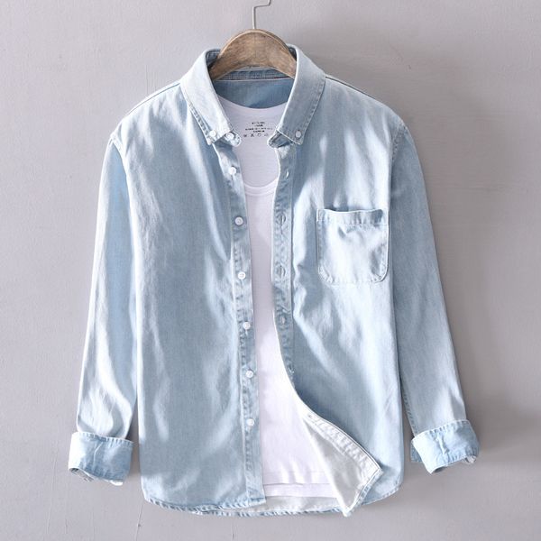 

100% cotton shirt men denim thin shirt long sleeve soft one pockets slim denim male jeans cowboy mens, White;black