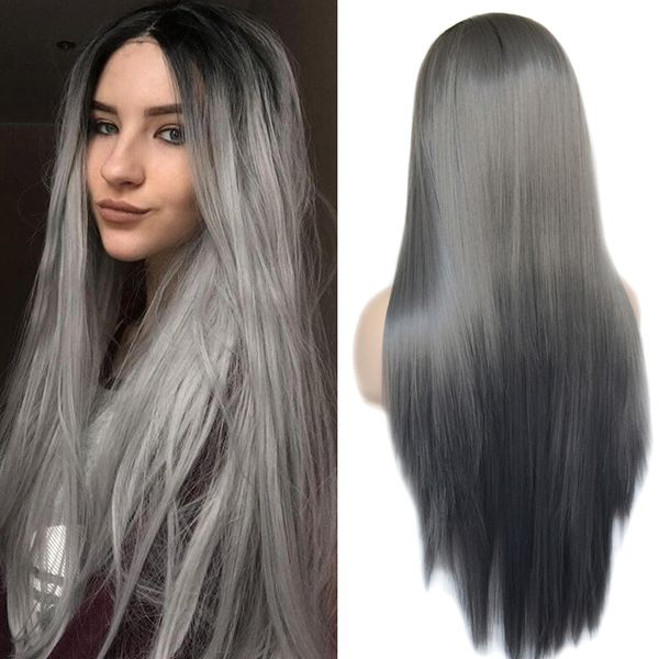 

Two Tones Ombre Grey Long Silky Straight Synthetic Hair Lace Front Wig Natural Hairline Heat Resistant Fiber Synthetic Wigs For Women