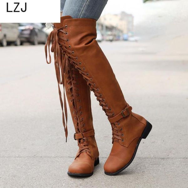 

over knee boots girl round head fastened female frenulum 2019 square heels lace-up long boots womens shoes size 43, Black