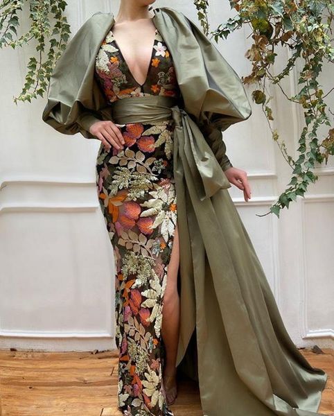 

sequined mermaid prom dresses 2020 long sleeve v neck prom gowns split formal evening dress vestidos formales formelle robes, White;black