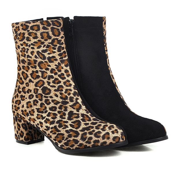 

leopard colorblock zipper round head boots new autumn and winter stitching color chunky heels boots women high-heeled shoes, Black