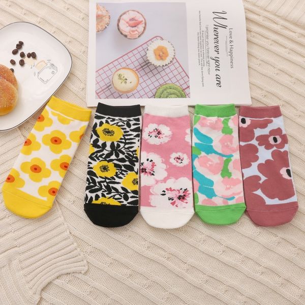 

flower sock japanese for woman short kawaii ladies thin sox cartoon socks colorful cotton summer female trendy calcetines, Black;white